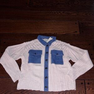 Sundance Blue and White Button-Up Shirt sweater jacket denim NWT top knit cable